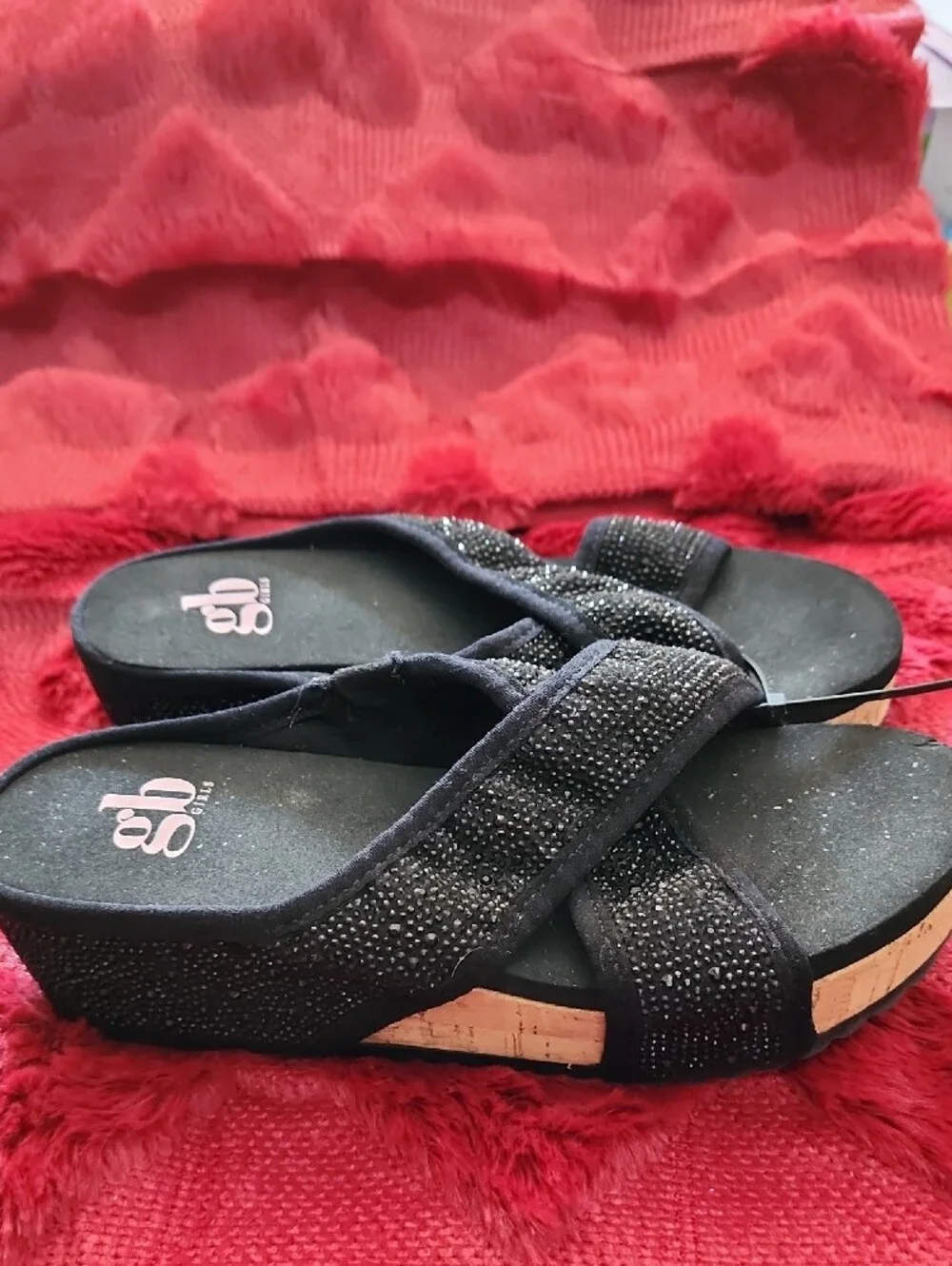 GB Girls Black Sparkle Crisscross Slide Sandals